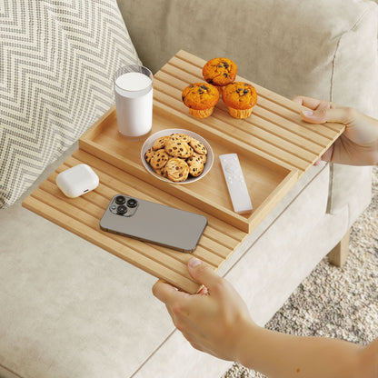 HOMCOM Bamboo Sofa Arm Tray, Foldable Anti-Slip Armrest Tray for Drinks and Snacks, Natural Wood Finish