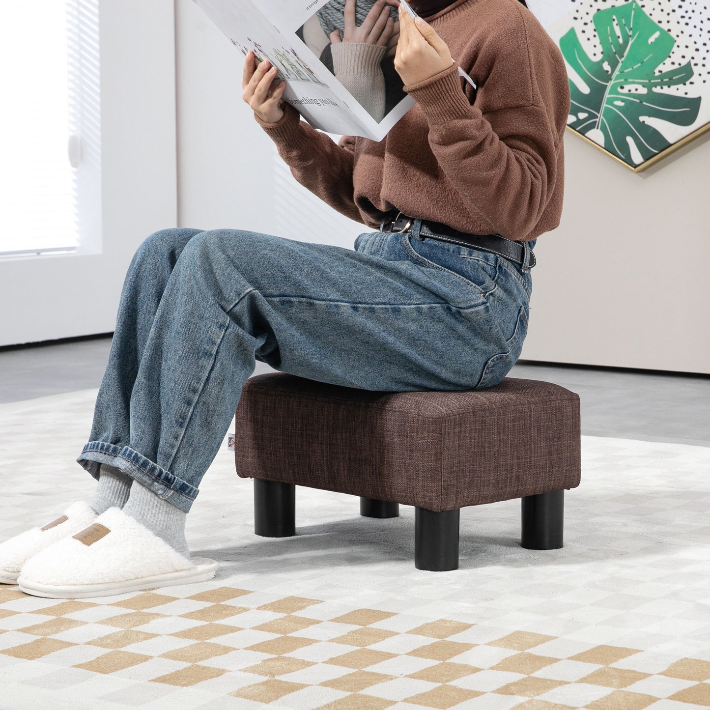 HOMCOM Linen Fabric Footstool Ottoman Cube with 4 Plastic Legs, Brown--ChewyGames-ChewyGames