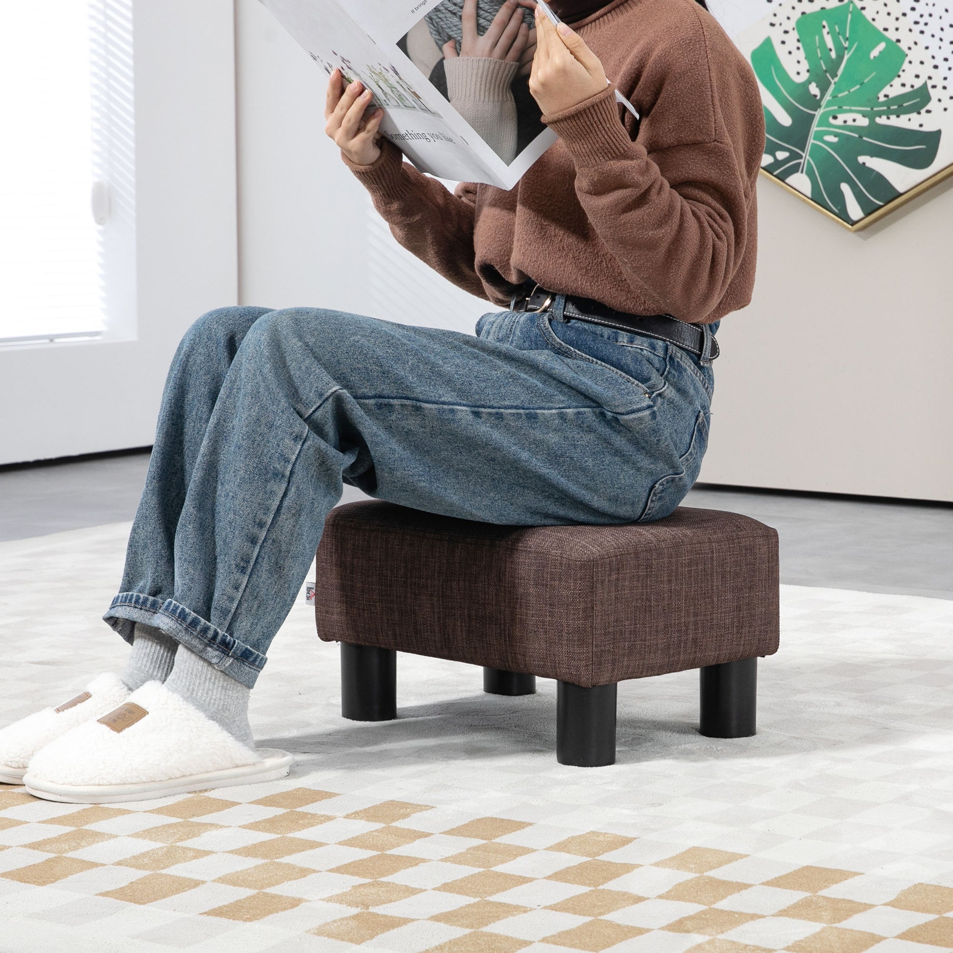 HOMCOM Linen Fabric Footstool Ottoman Cube with 4 Plastic Legs, Brown--ChewyGames-ChewyGames