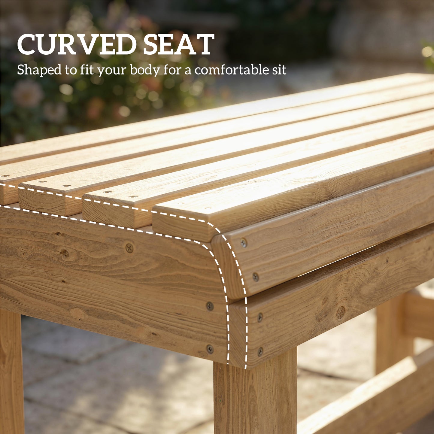 Outsunny Wooden Outdoor Bench, 2 Seater Garden Bench, Backless Patio Bench with Slatted Curved Seat, Natural Wood Finish