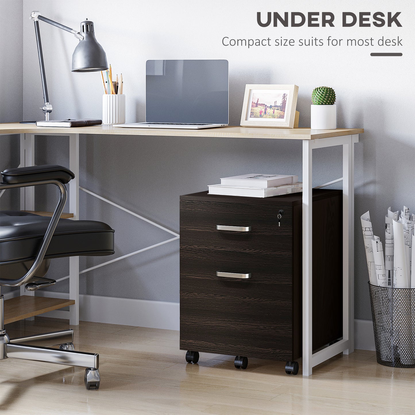 Vinsetto 2-Drawer Locking Office Filing Cabinet w/ 5 Wheels Rolling Storage Hanging A4 Cupboard Home Organisation Black Wood Grain
