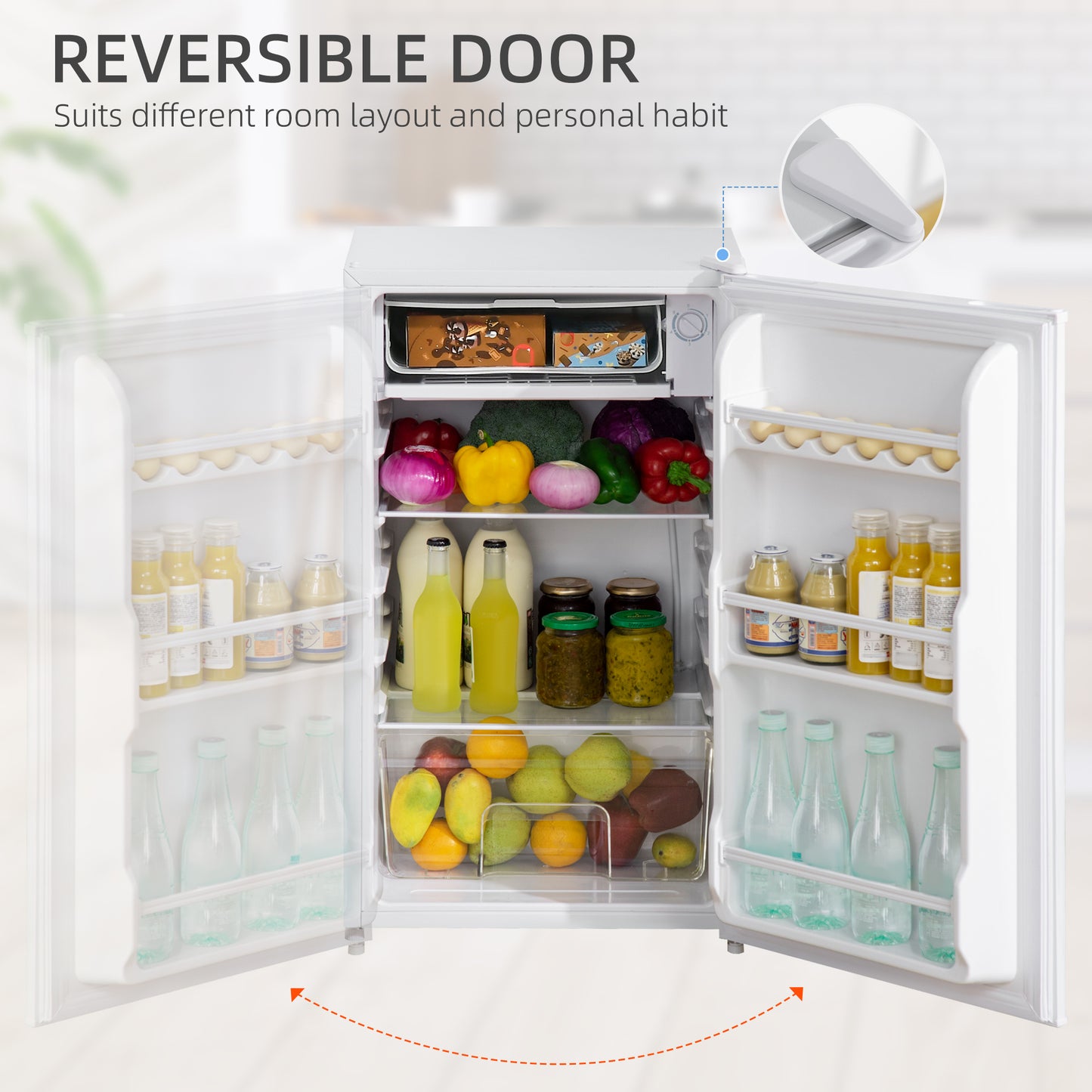 HOMCOM Under Counter Fridge, 91L Small Fridge with Chiller Box, Removable Shelf, Reversible Door, Adjustable Legs, Mini Refrigerator, White
