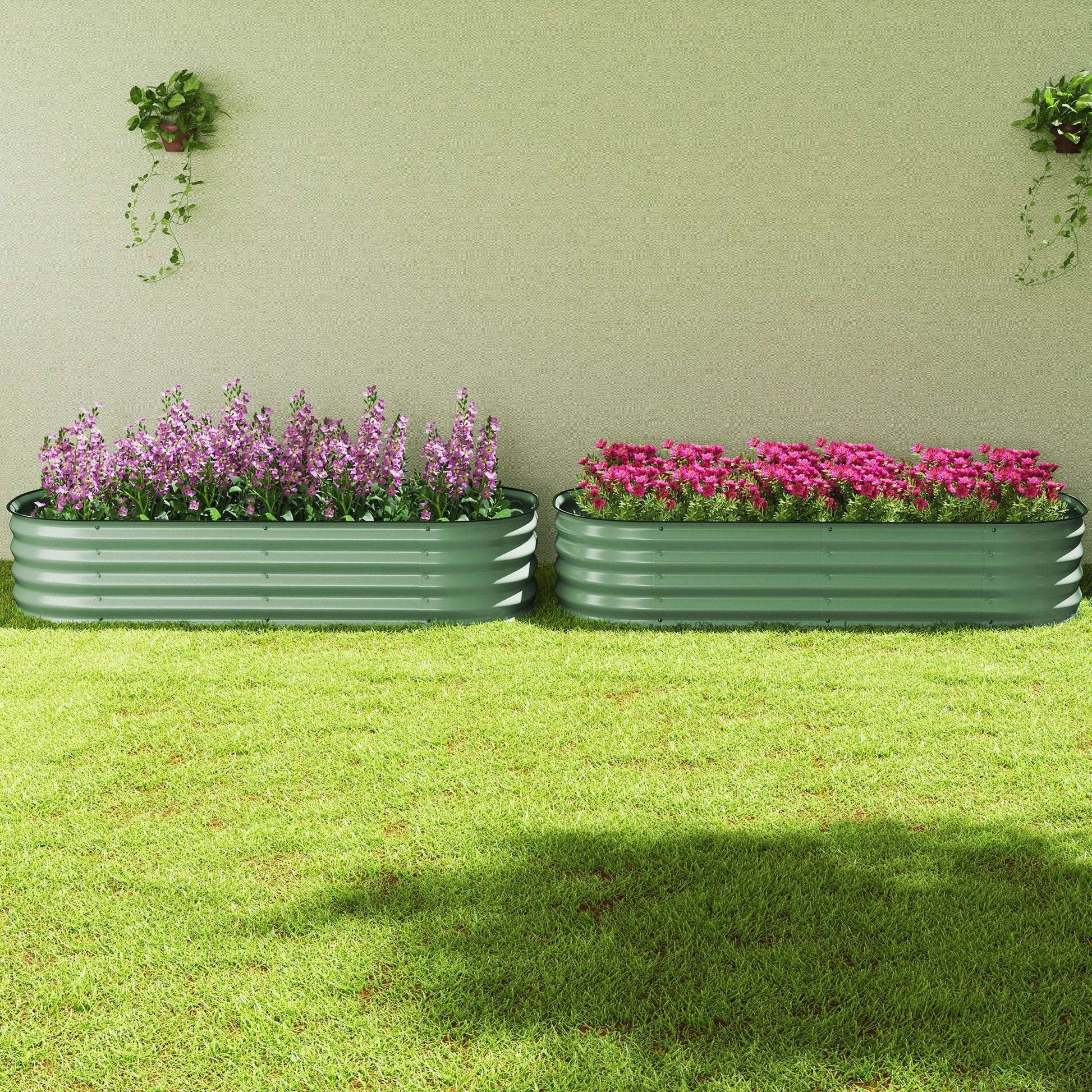 Outsunny Galvanised Raised Garden Bed, Metal Planter Box with Safety Edging, for Flowers, Herbs, Succulents, Pack of 2, Green