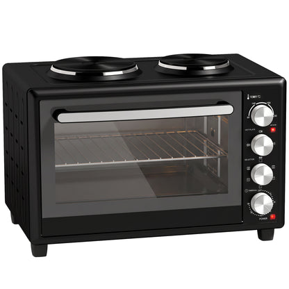 HOMCOM 36L Mini Oven with Dual Hot Plates, Electric Countertop Cooker with Convection, 90–230°C Adjustable Temperature