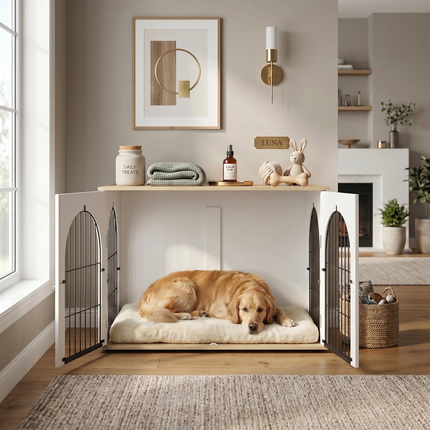 PawHut Dog Crate Furniture, Indoor Dog Cage with Double Doors for Large Breeds, Pet Kennel End Side Table
