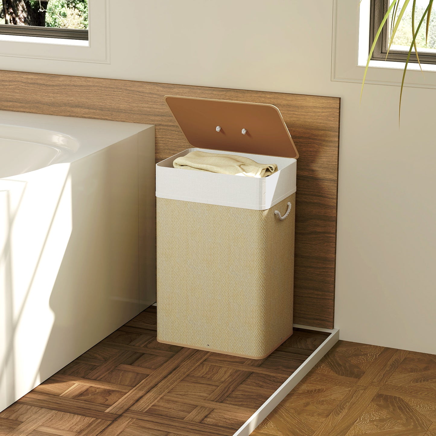 HOMCOM Bamboo Laundry Basket with Lid, 72L Laundry Hamper with Rope Handles, Washing Basket with Removable Washable Liner Bag for Bathroom, Bedroom, Nature Wood Finish