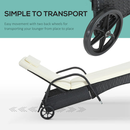 Outsunny Rattan Sun Lounger, Garden Lounger Recliner with Wheels and Adjustable Backrest, Outdoor Reclining Sunbed Garden Chair with Cushion and Headrest for Patio, Beach, Terrace, Black