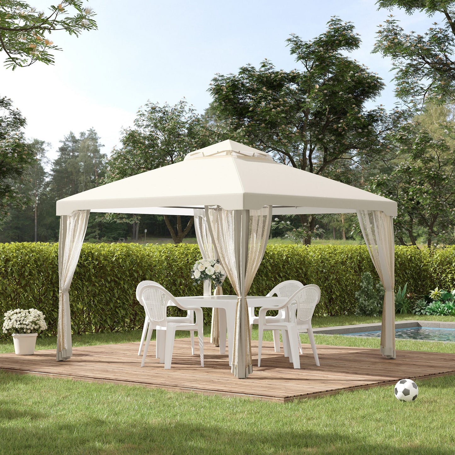 Outsunny 3 x 3 m Metal Gazebo, Double Roof Canopy Shelter with Mesh Sidewalls, Cream White