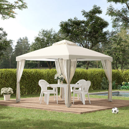 Outsunny 3 x 3 m Metal Gazebo, Double Roof Canopy Shelter with Mesh Sidewalls, Cream White