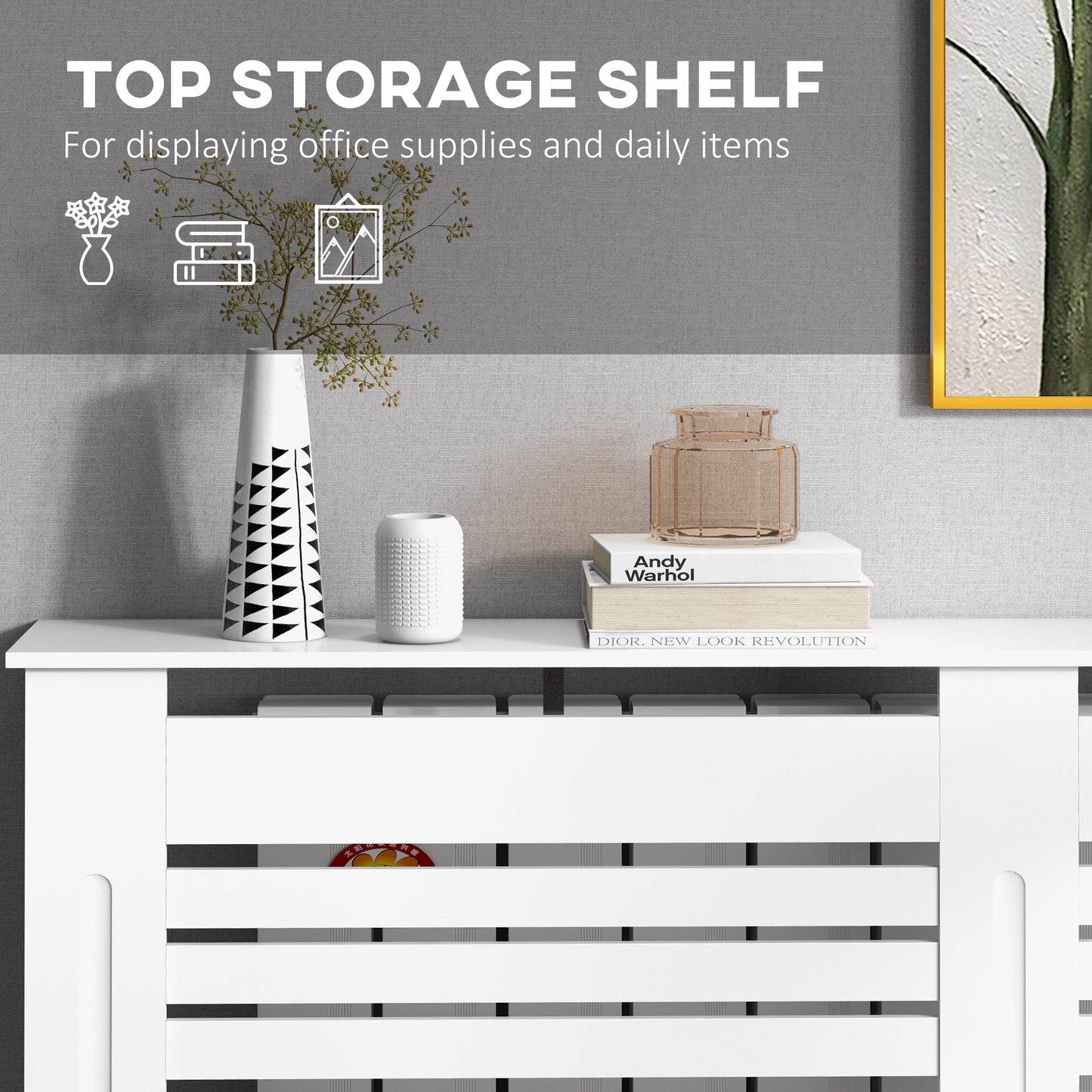 HOMCOM Radiator Cover, Modern MDF White Painted Cabinet with Horizontal Slats for Living Room, Bedroom, 152L x 19W x 81H cm