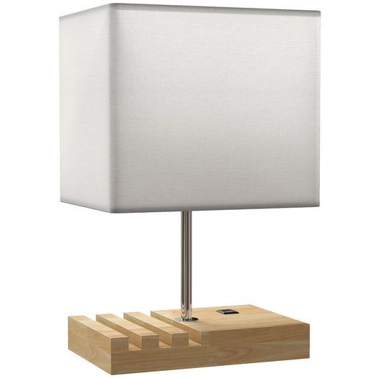 HOMCOM Bedside Lamp with USB A+C Charging Ports and 3 Phone Stands, Modern Table Lamp with Solid Wood Base and Fabric Shade for Bedroom Living Room Office, E27 Socket, Bulb Not Included, White