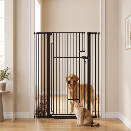 PawHut 135cm Extra Tall Dog Gate with Cat Door, Fits Openings 81-108 cm Pressure Mounted for Doorways, Hallways, No Drilling