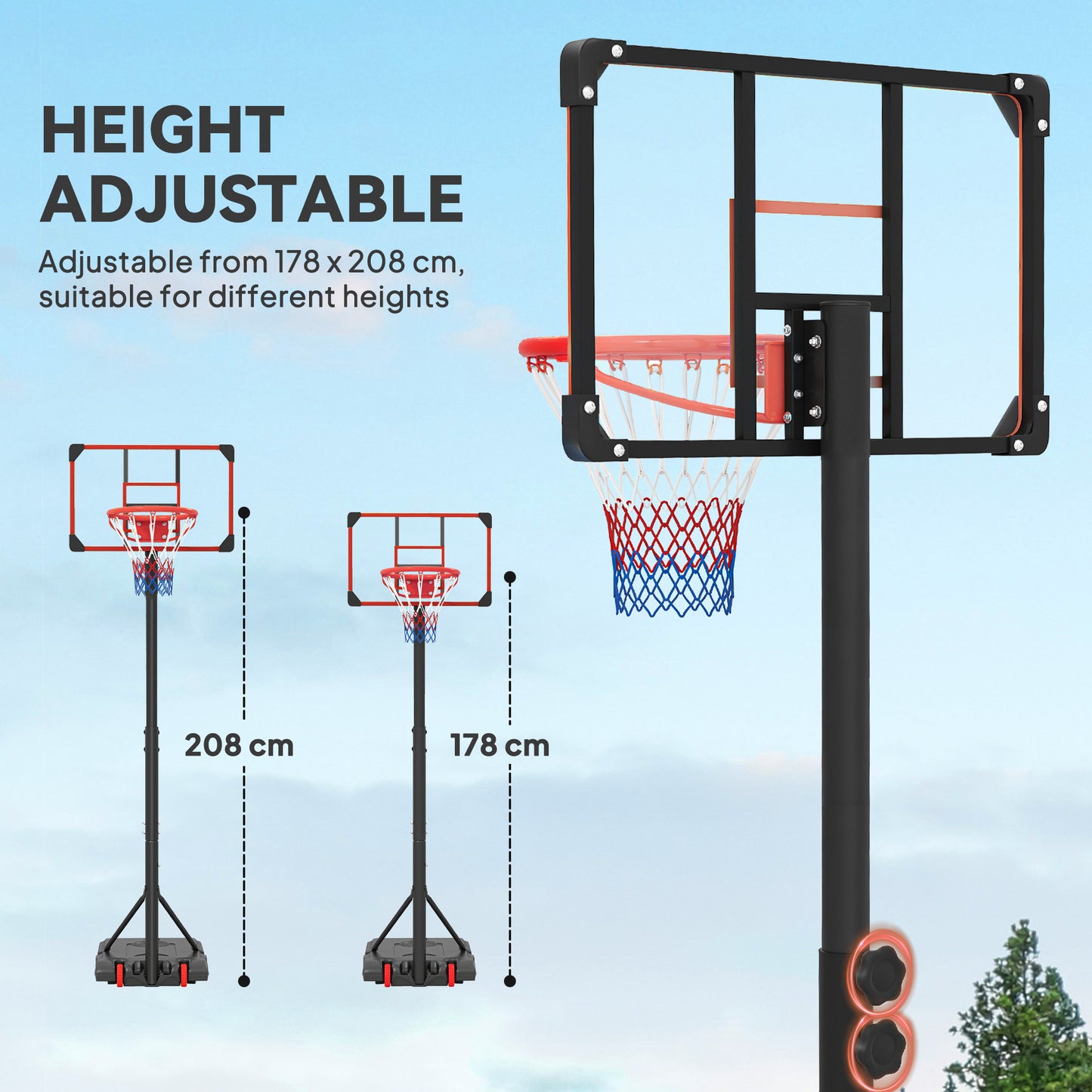 SPORTNOW Height Adjustable Basketball Hoop and Stand with Firm Backboard and Weighted Base, Portable on Wheels, Red