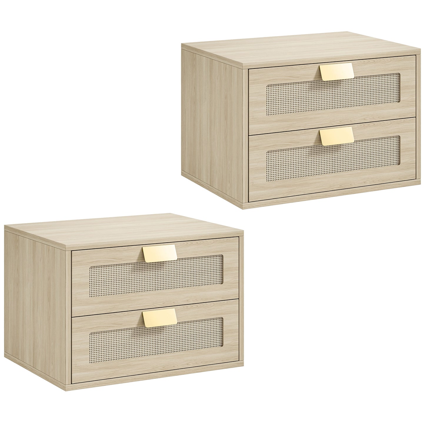 HOMCOM Modern Floating Nightstands Set of 2, Wall Mounted Bedside Tables with 2 Drawers, Oak