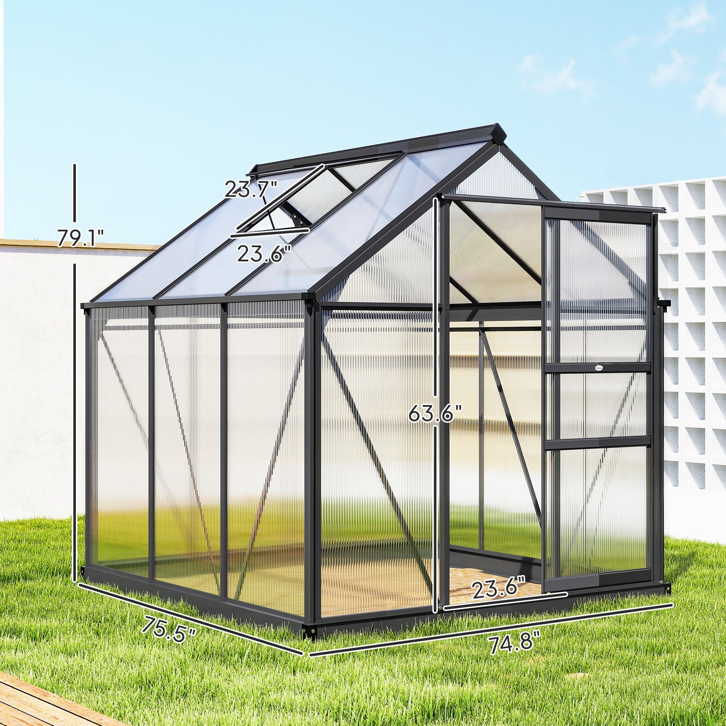 Outsunny 6 x 6ft Polycarbonate Greenhouse, Large Walk in Green House with Slide Door and Window, Garden Plants Grow House with Aluminium Frame and Foundation, Grey
