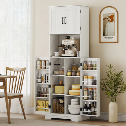 HOMCOM 181.5 cm Freestanding Storage Cabinet, Tall Kitchen Cupboard with Adjustable Shelves, 8 Door Spice Racks, White