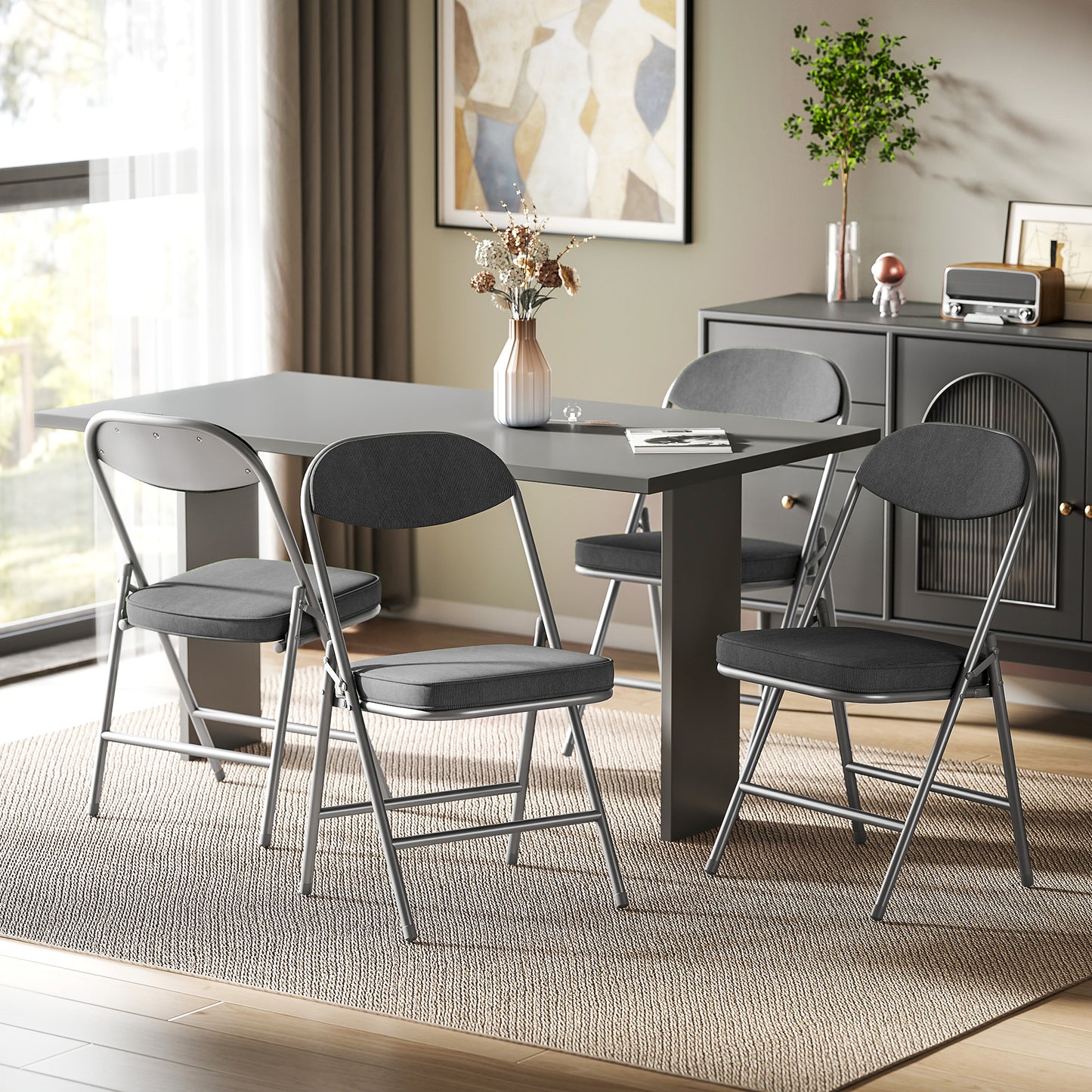 HOMCOM Set of Four Folding Corduroy Seat Chairs - Dark Grey
