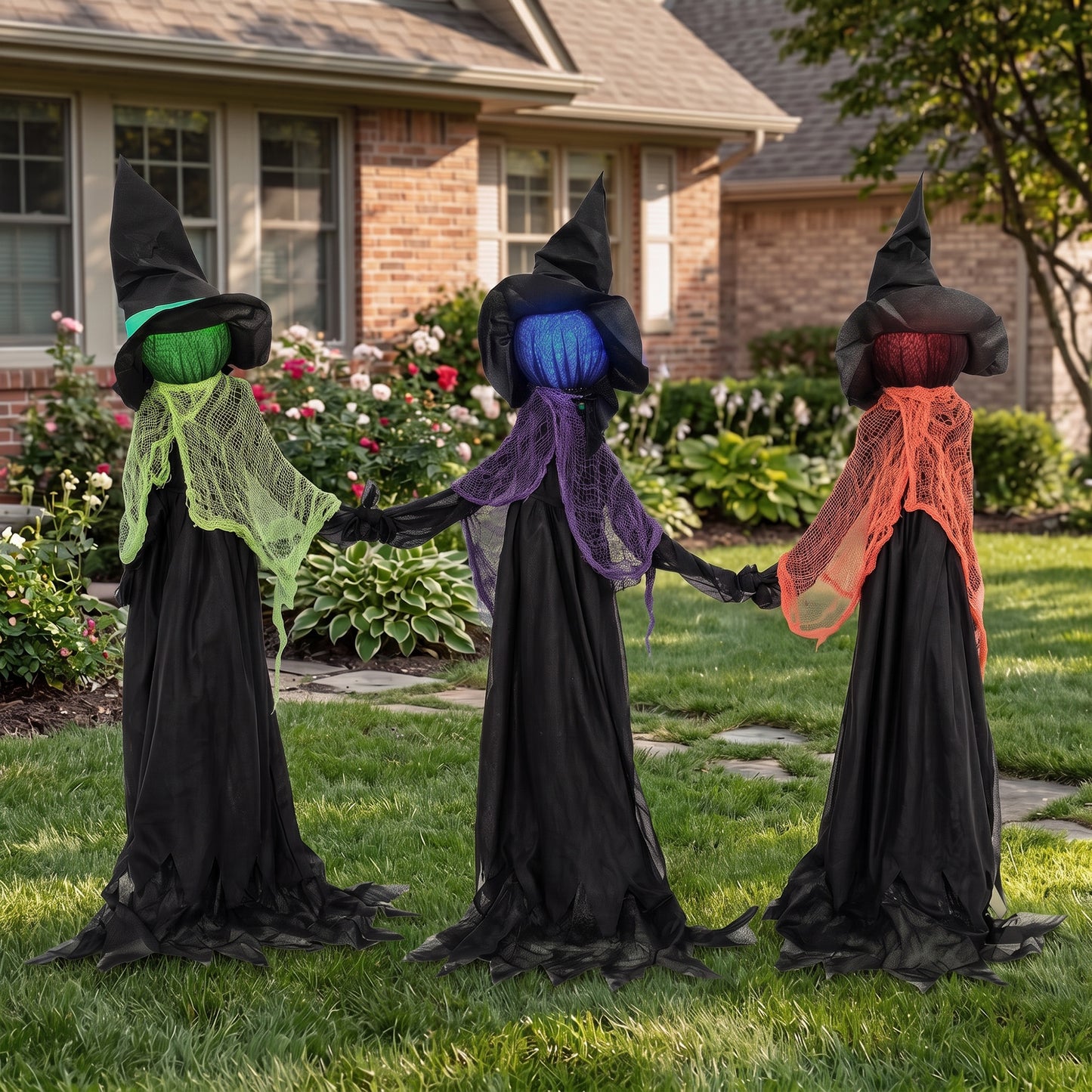 HOMCOM 120cm Witches Holding Hands Halloween Decorations Outdoor Indoor, Scary Halloween Witch Decor with Light-Up Heads