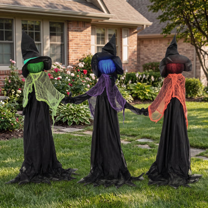 HOMCOM 120cm Witches Holding Hands Halloween Decorations Outdoor Indoor, Scary Halloween Witch Decor with Light-Up Heads
