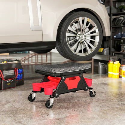 HOMCOM Rolling Mechanic Stool, 135kg Capacity Workshop Stool, 360° Swivel Roller Padded Creeper Seat with Wheels, Slide Out Tool Trays and Drawer for Garage, Shop, Auto Repair, Black
