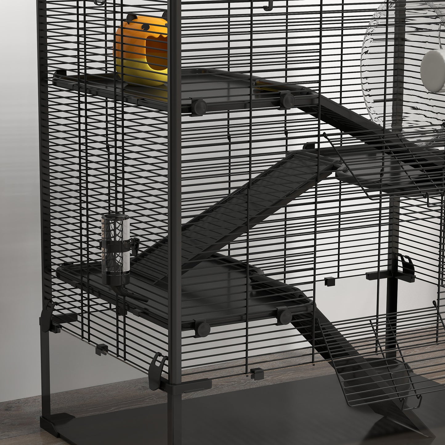 PawHut Four-Tier Hamster Cage with Deep Tempered Glass Bottom, Hut, Running Wheel, Food Dish, Water Bottle, 78.5 x 48.5 x 80cm