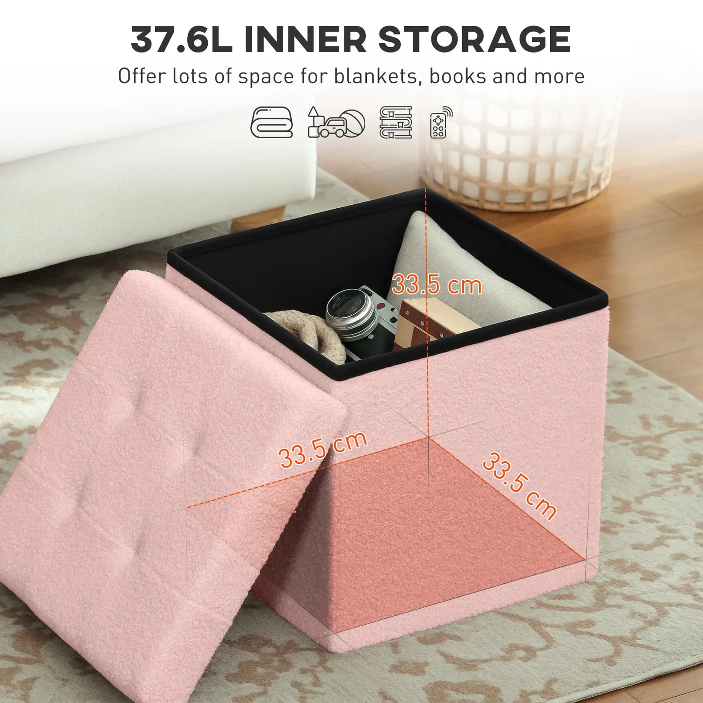 HOMCOM Foldable Sherpa Fleece Storage Ottoman, 38 x 38 x 38 cm, Pink