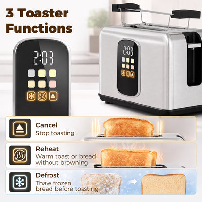 HOMCOM 2 Slice Smart Toaster with Touch Screen & LED Countdown, Toaster with Warming Rack, 6 Browning Levels, Memory Function