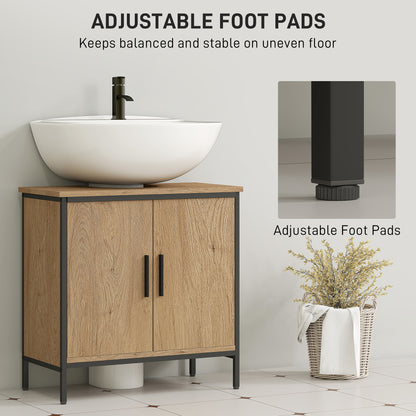 HOMCOM Bathroom Vanity Unit, Under Sink Storage Cabinet with 2 Doors, Adjustable Shelf for Basin without or with Pedestal, Oak