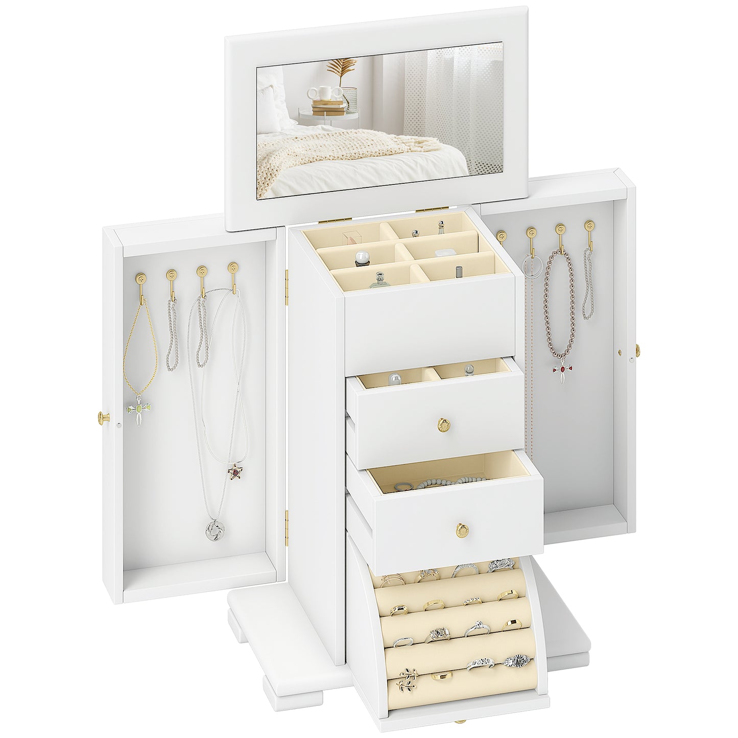 HOMCOM 4-Tier Jewellery Box with Mirror and 2 Drawers - White