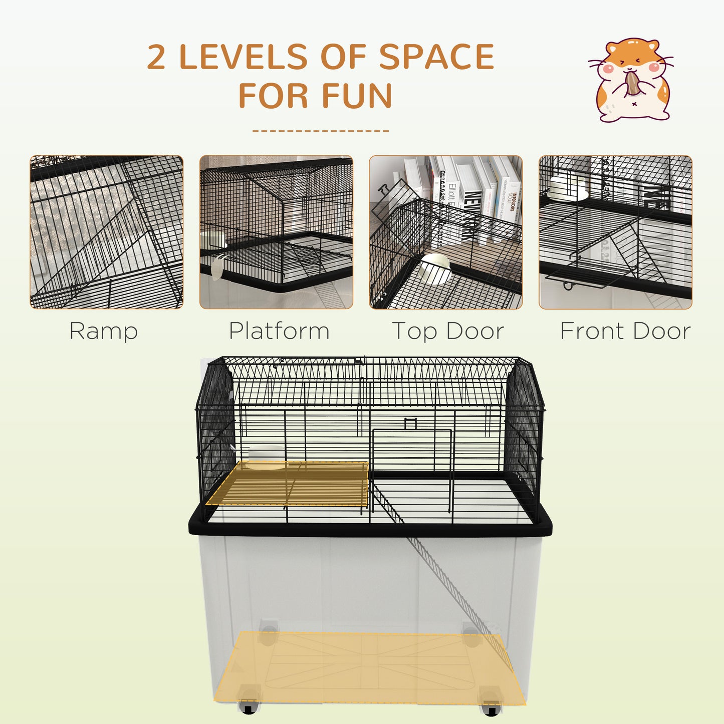 PawHut Two-Tier Gerbil Cage, Hamster Cage for Dwarf Hamster w/ Wheels, Deep Bottom, Food Dish, Water Bottle