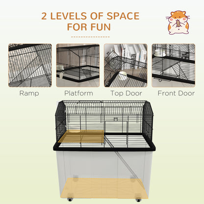 PawHut Two-Tier Gerbil Cage, Hamster Cage for Dwarf Hamster w/ Wheels, Deep Bottom, Food Dish, Water Bottle
