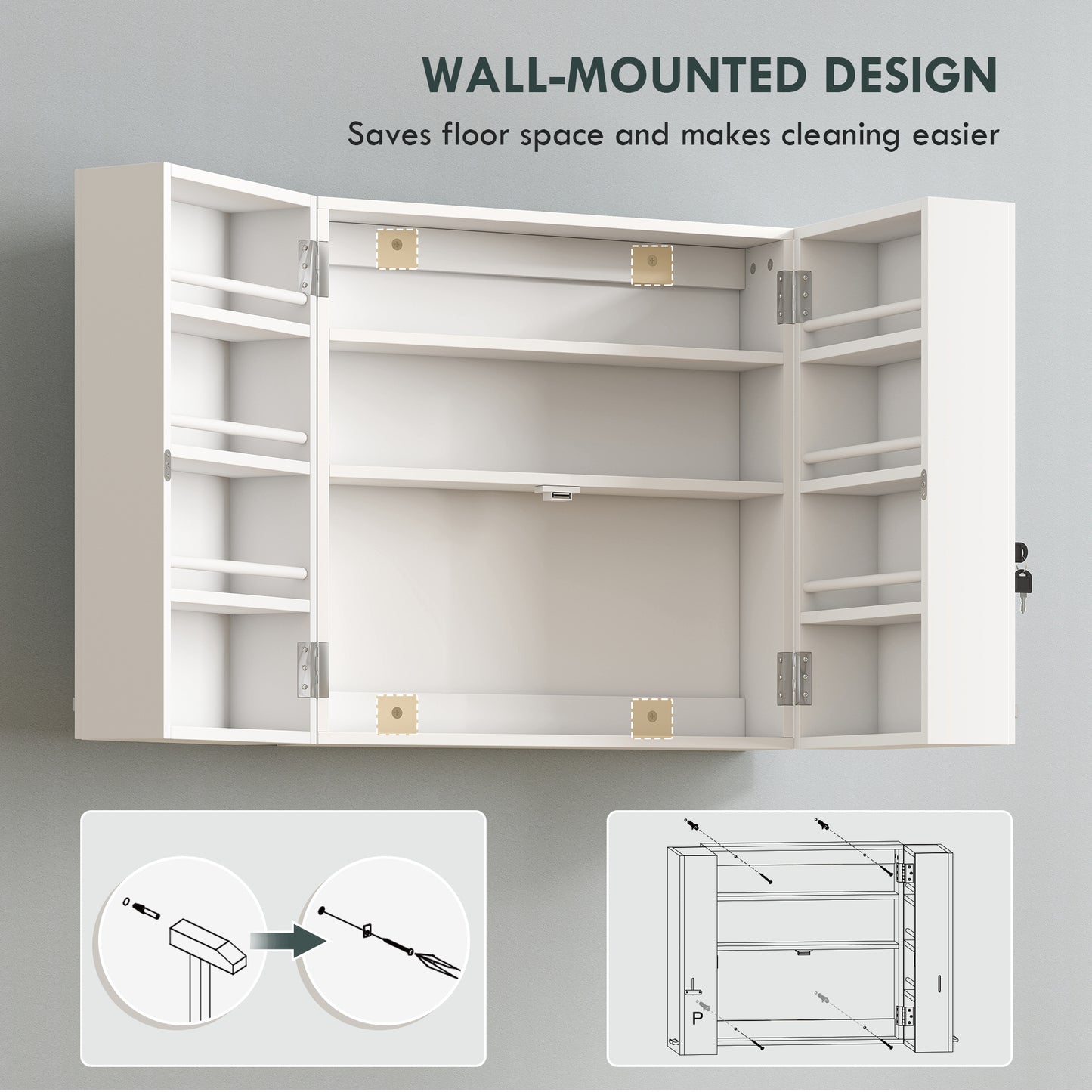 HOMCOM Wall Mount Medicine Cabinet with Key Lock, 3 Tier First Aid Cabinet with 2 Doors and 11 Storage Compartments, White