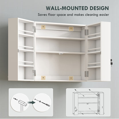 HOMCOM Wall Mount Medicine Cabinet with Key Lock, 3 Tier First Aid Cabinet with 2 Doors and 11 Storage Compartments, White
