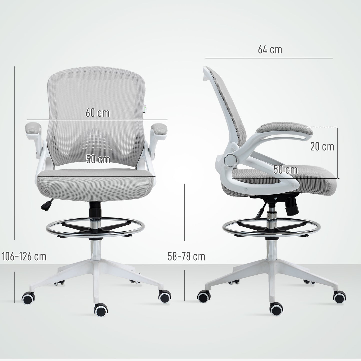 Vinsetto Drafting Chair with Flip-up Armrest, Mesh Office Stool with Foot Ring, 360 Degree Swivel Height Adjustable Chair for Standing Desk, Light Grey