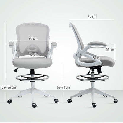Vinsetto Drafting Chair with Flip-up Armrest, Mesh Office Stool with Foot Ring, 360 Degree Swivel Height Adjustable Chair for Standing Desk, Light Grey