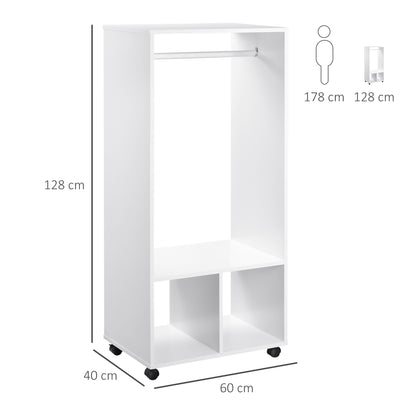 HOMCOM Open Wardrobe on Wheels, Bedroom Wardrobe with Clothes Hanging Rail, 2 Storage Shelves, Mobile Garment Rack for Cloakroom, Hallway, White