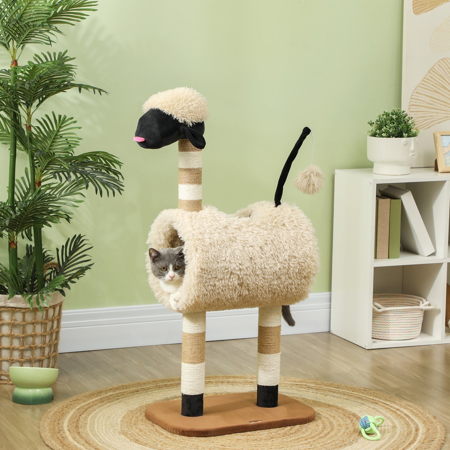 PawHut Cat Tree Sheep Design, 98 cm Multi-Level Cat Tower with Scratching Posts, Tunnel & Play Ball, Light Brown