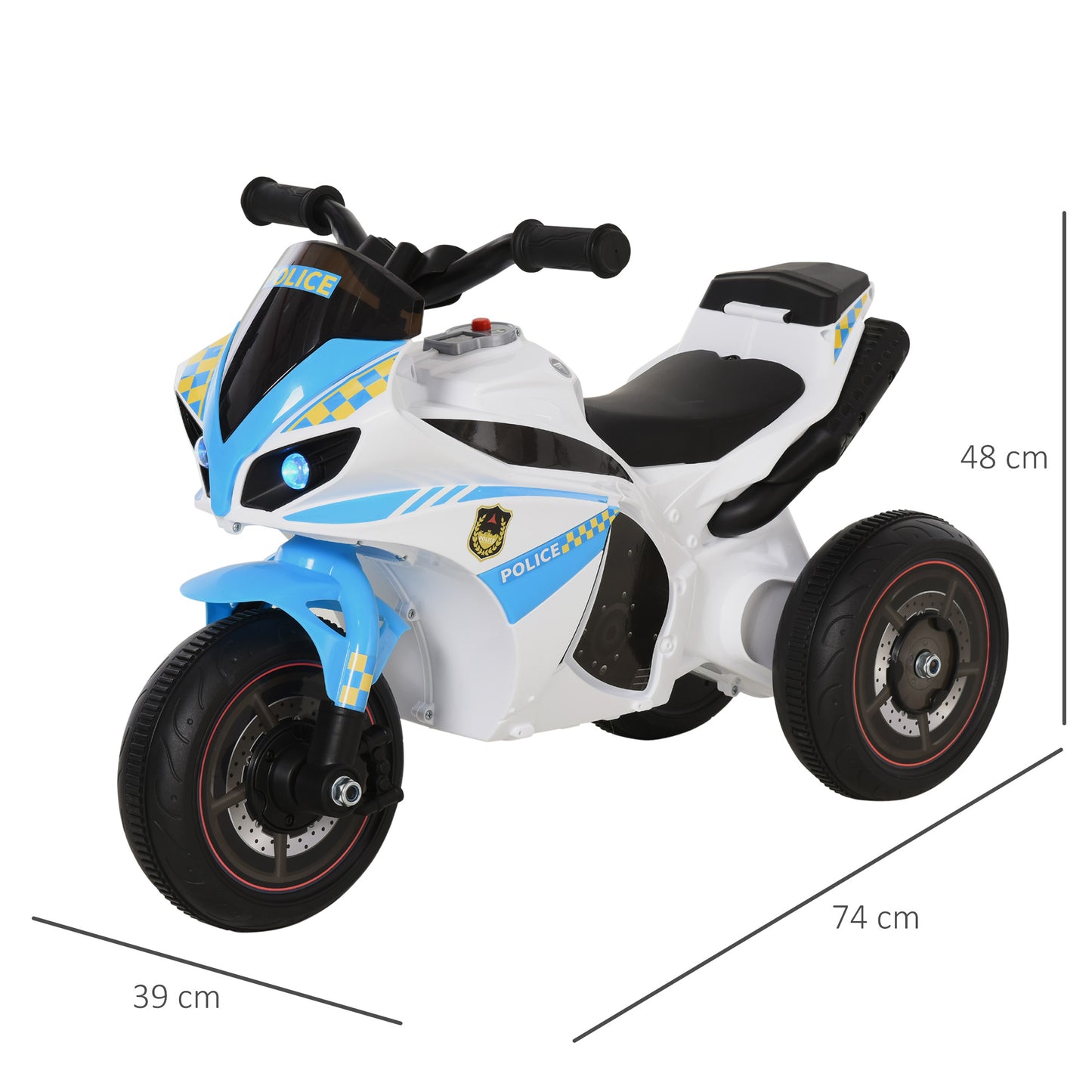 HOMCOM Kids Ride-On Police Bike 3-Wheel Vehicle w/ Music Lights Seat Handlebars Toddler NO POWER Child Learning Fun Development 18-36 Months Blue