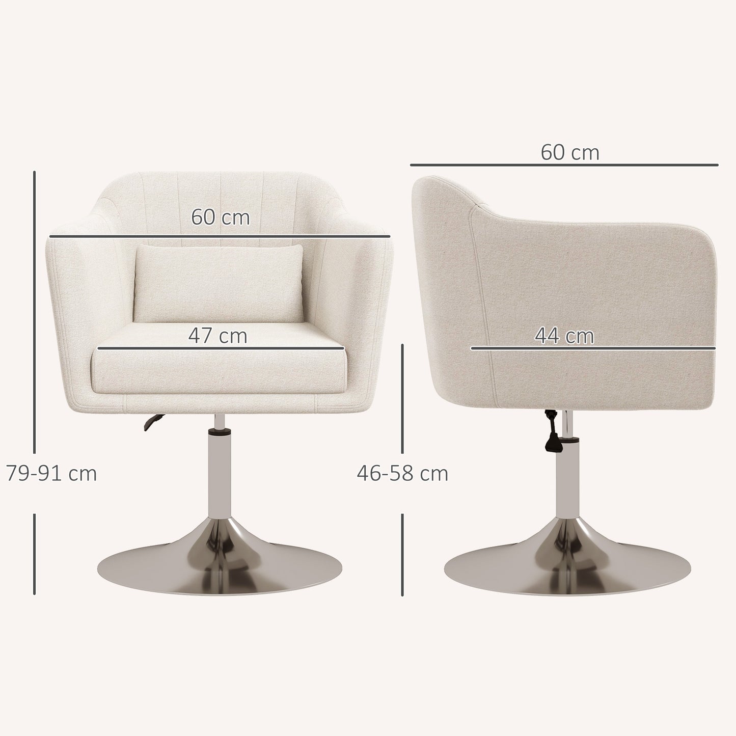 HOMCOM Modern Accent Chair with Swivel Base, Height Adjustable Arm Chair with Pillow for Living Room, Bedroom, Cream White
