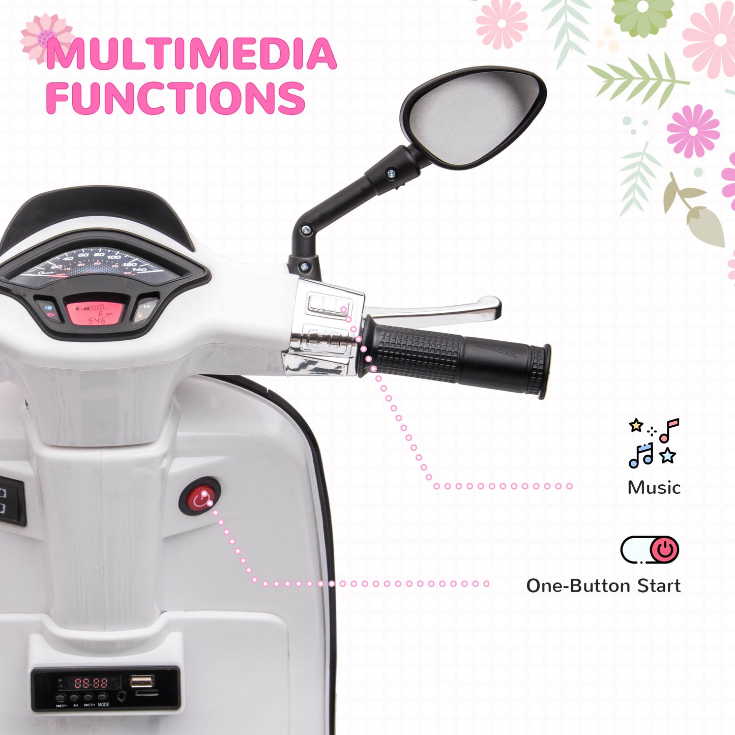 AIYAPLAY 12V Vespa Licensed Kids Electric Motorbike w/ Music, Lights, FM Radio, for 3-6 Years - White