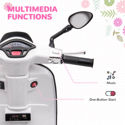 AIYAPLAY 12V Vespa Licensed Kids Electric Motorbike w/ Music, Lights, FM Radio, for 3-6 Years - White