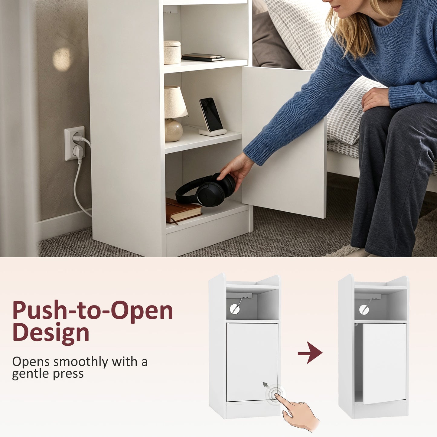HOMCOM Slim Bedside Table Set of 2 with Charging Station, Narrow Bedside Cabinet with Adjustable Shelf, White