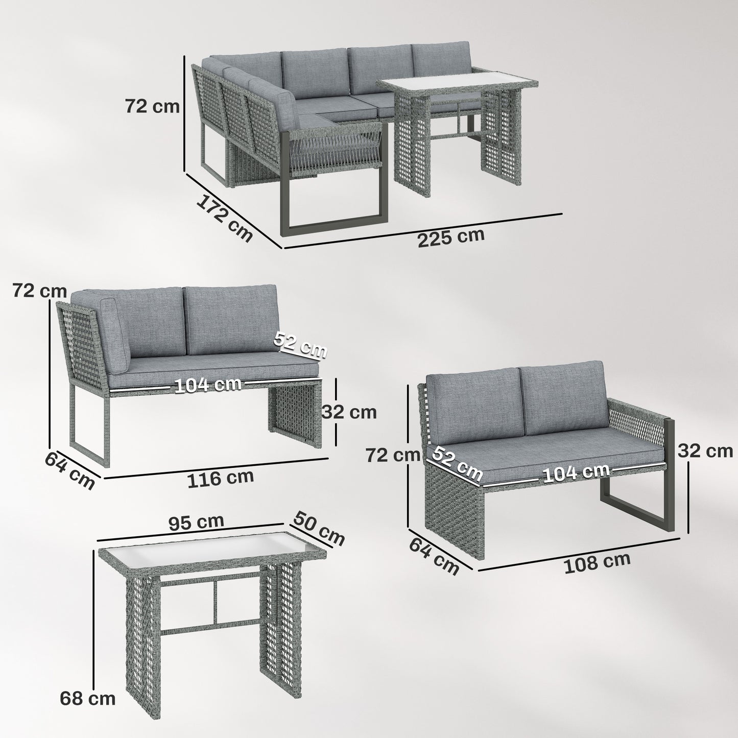 Outsunny 6 Seater Rattan Garden Furniture Set with 3 Loveseats, Table, Patio Rattan Furniture Corner Sofa Set, Grey