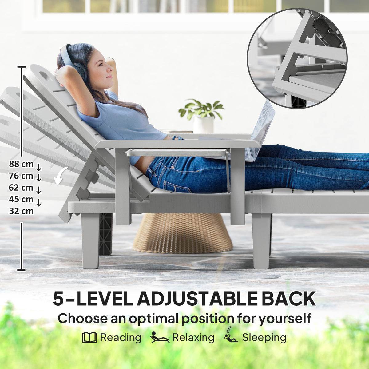 Outsunny Set of 2 Resin Reclining Sun Loungers for Garden, 5 Positions Adjustable Outdoor Chaise Lounge Chairs with Wood Texture Surface, Armrests, Foldable Side Table for Garden, Beach, Light Grey