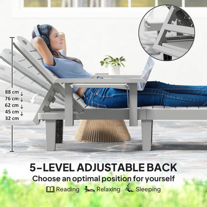 Outsunny Set of 2 Resin Reclining Sun Loungers for Garden, 5 Positions Adjustable Outdoor Chaise Lounge Chairs with Wood Texture Surface, Armrests, Foldable Side Table for Garden, Beach, Light Grey