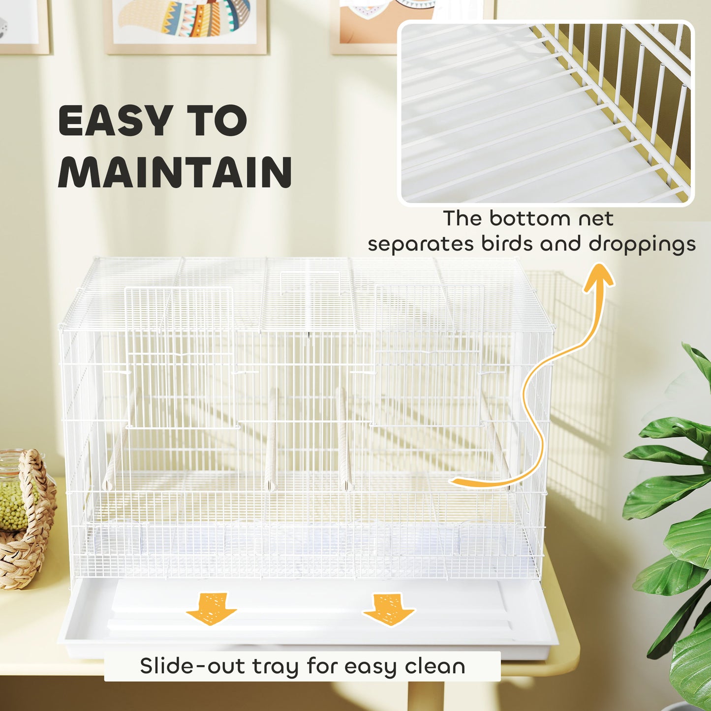 PawHut Bird Cage with Divider, 4 Wooden Perches, Slide Out Tray, 4 Feeders, for Budgie, Lovebird, Canary, 76 x 46 x 46cm, White