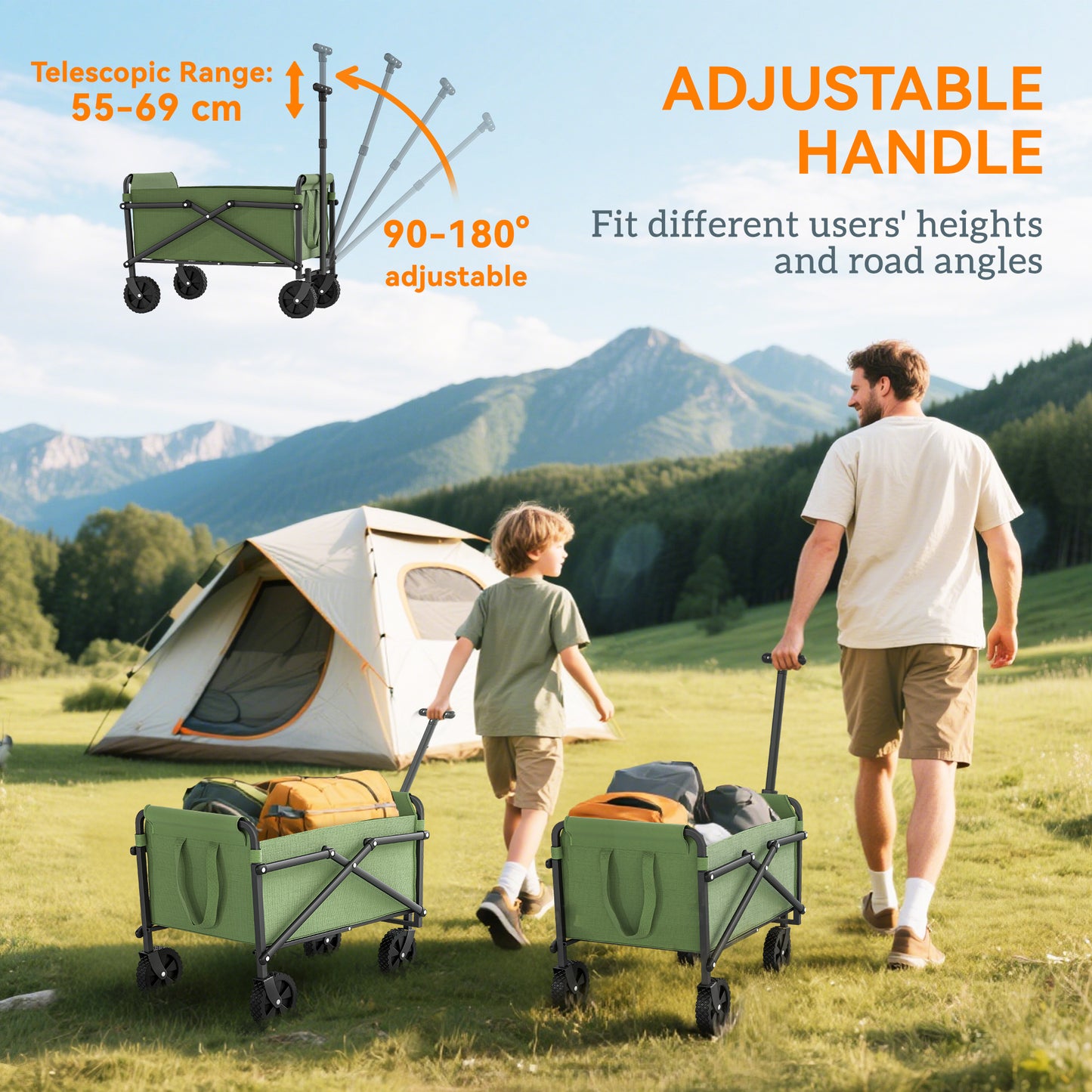 Outsunny 41L Festival Trolley on Wheels, Compact Garden Folding Trolley Cart, 60kg Heavy Duty Collapsible Foldable Wagon with Adjustable Handle and Carrying Bag for Beach, Camping, Festival, Green