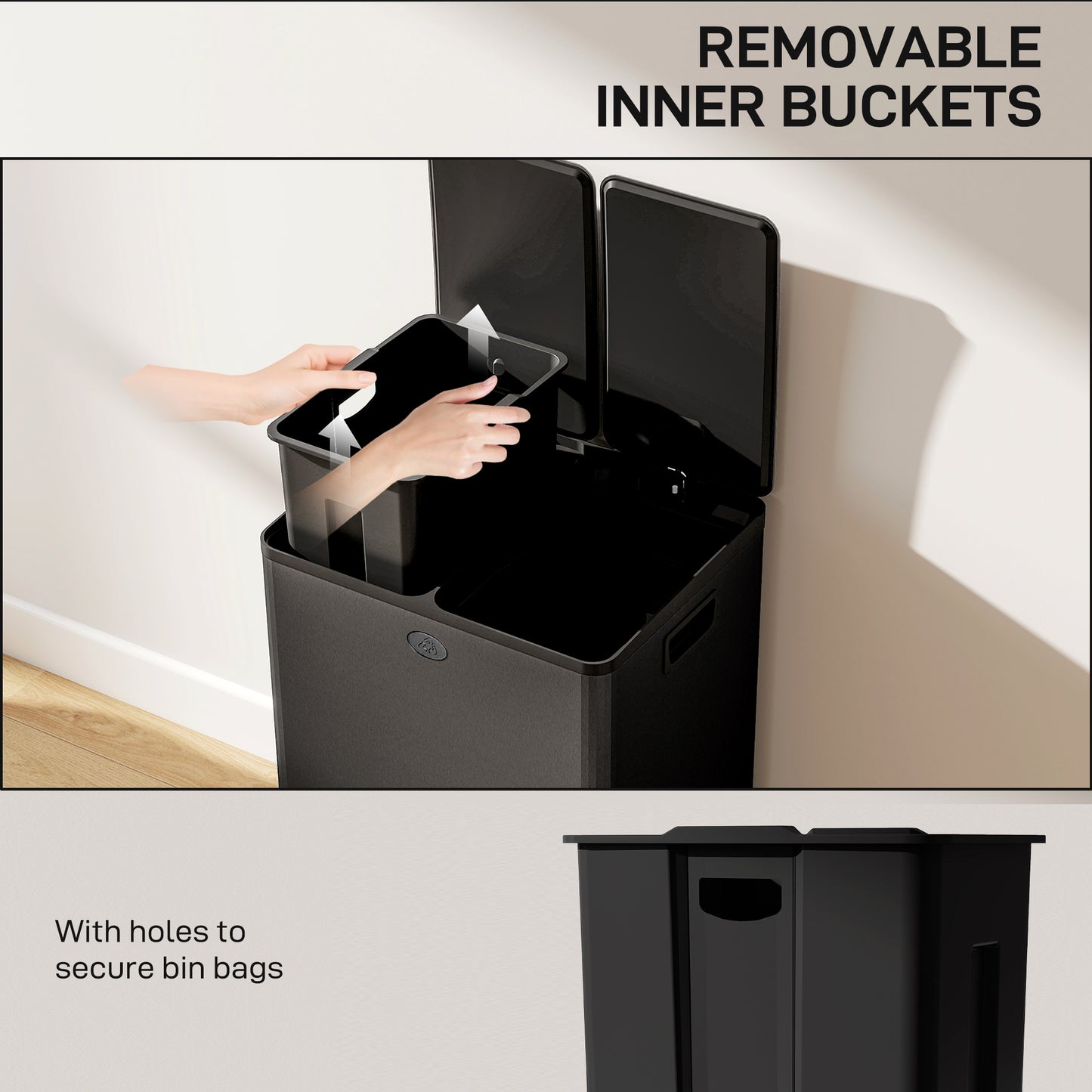 HOMCOM 56L Dual Compartment Stainless Steel Bin, with Deodoriser Holders - Black