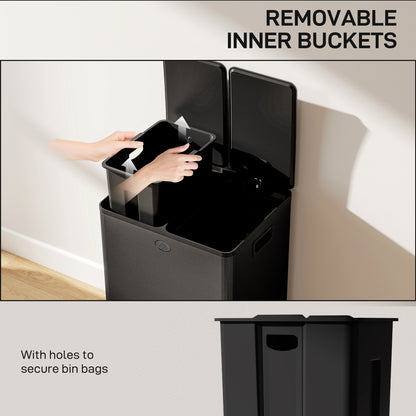 HOMCOM 56L Dual Compartment Stainless Steel Bin, with Deodoriser Holders - Black