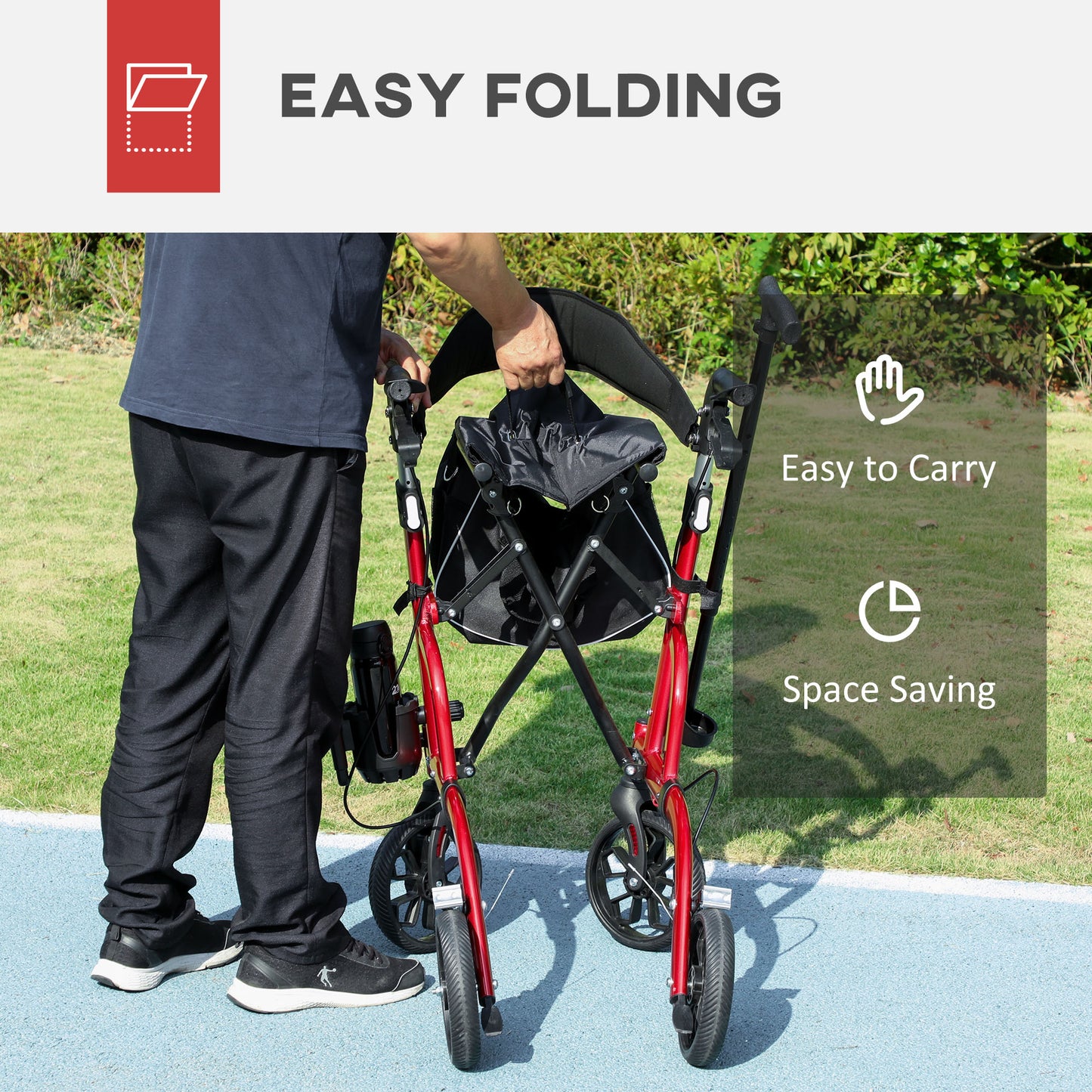 HOMCOM Lightweight Walking Frame, Folding Rollator Walker with Seat and Backrest, Red